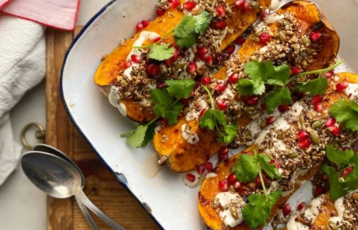 Roast Pumpkin with Cashew Cream, Pomegranate & Spiced Seeds